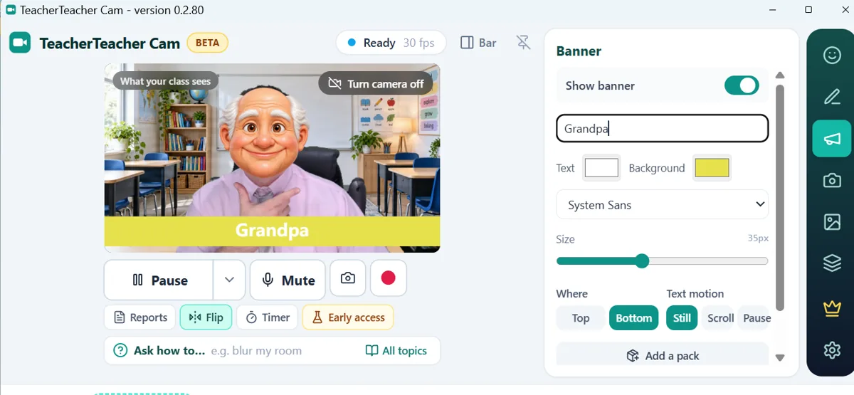 The TeacherTeacher Cam window with a Grandpa face filter and a name banner
