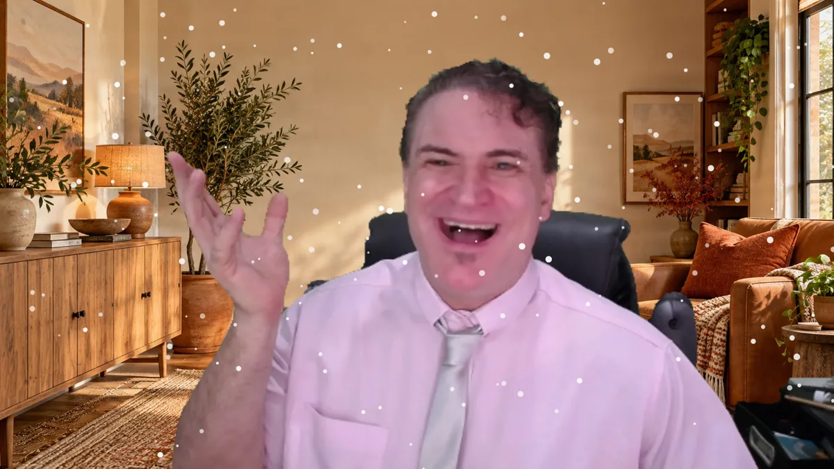 A real TeacherTeacher Cam snapshot: a laughing teacher celebrating with confetti