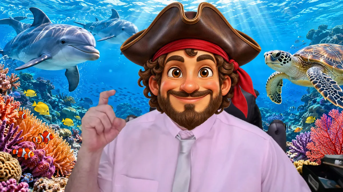 A real TeacherTeacher Cam snapshot: a teacher wearing a pirate face filter in front of an under-the-sea background