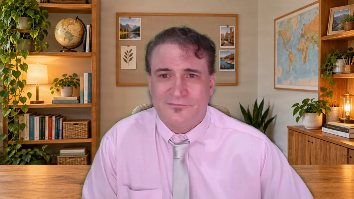 A real TeacherTeacher Cam snapshot: a teacher with a calm office background, ready to teach